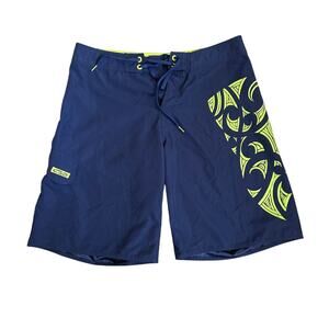 Crazy Shirts Hawaii Vintage Men's Board Shorts Swim Trunks Tribal Blue Yellow 34